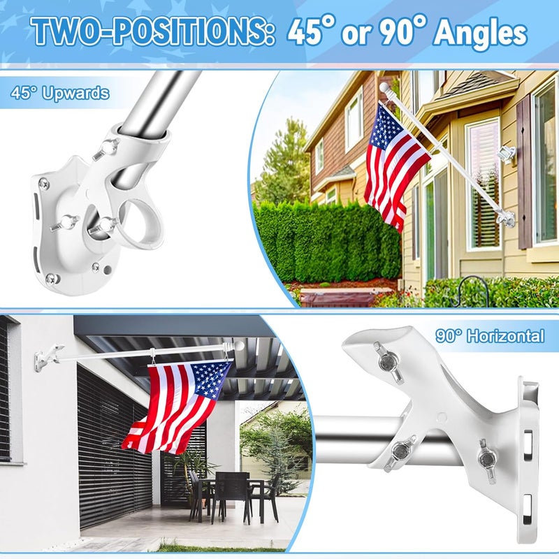 REERON Flag Pole Brackets for House, 2-Positions Metal 1" Flagpole Holder Mounts, Aluminium Rustproof Outside Flag Pole Wall Porch Mounting Bracket with 3 Fixed Holes & Steel Hardwares (White-2 Pack) - Image 4